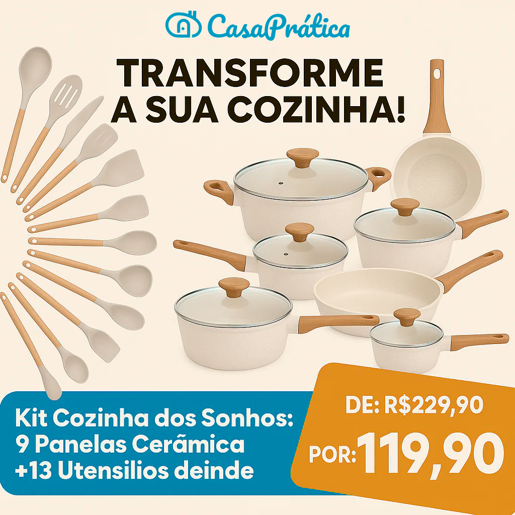 Kit Cozinha dos Sonhos: 9 Panelas Ceramica + 13 Utensílios de Brinde